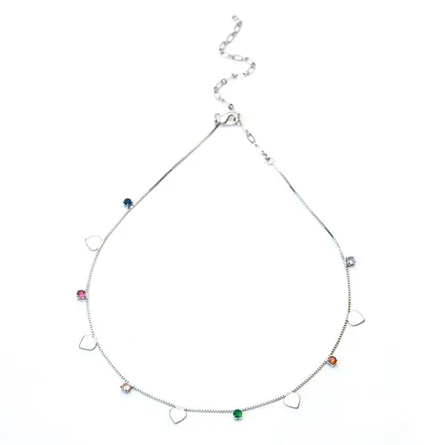 Choker Corações e Zircônias Colors com Banho em Ródio Branco