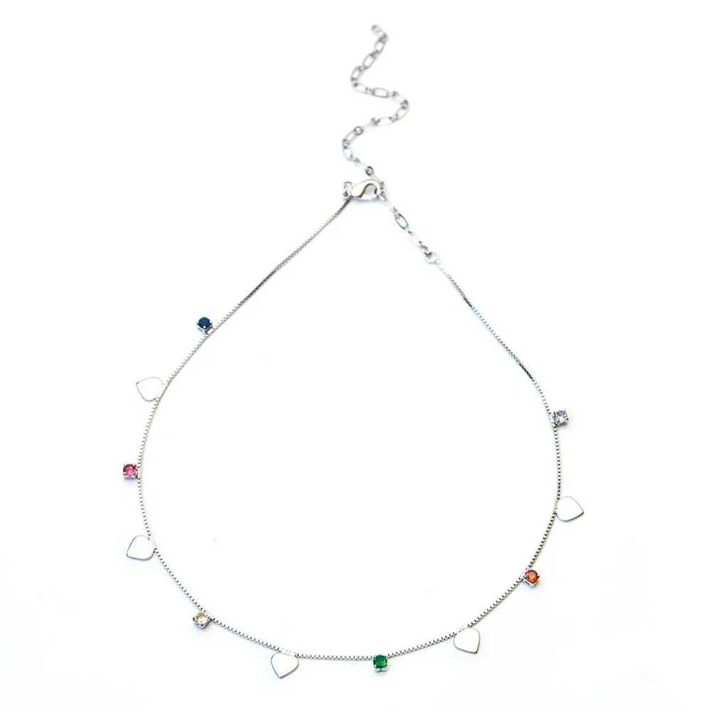 Choker Corações e Zircônias Colors com Banho em Ródio Branco