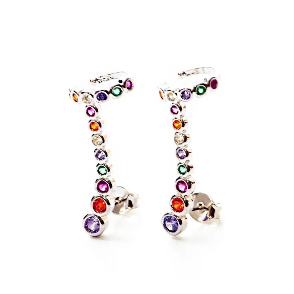 Brinco Ear Cuff Zircônias Rainbow com Banho em Ródio Branco