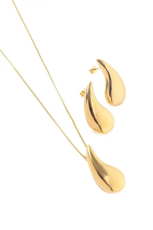 Conjunto Gota Lisa com Banho em Ouro 18k