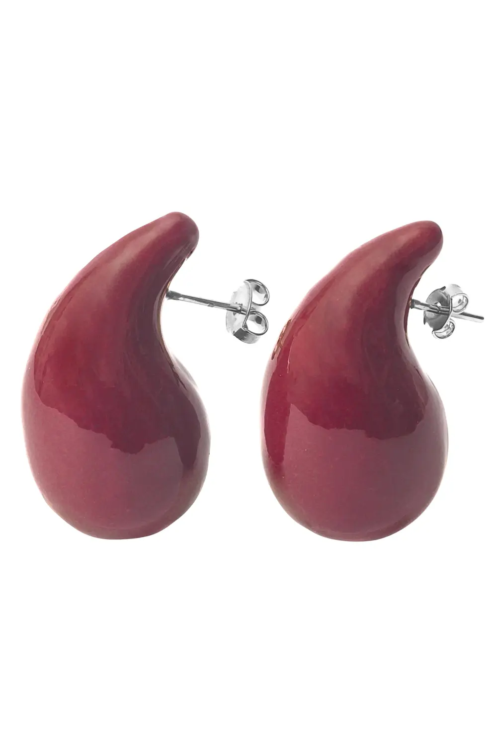 Brinco Gota Oca G Esmaltada Cherry Red em Ródio Branco
