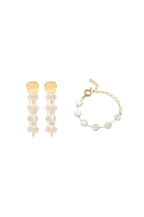 Kit Brinco e Pulseira de Pérolas Shell com Banho em Ouro 18k