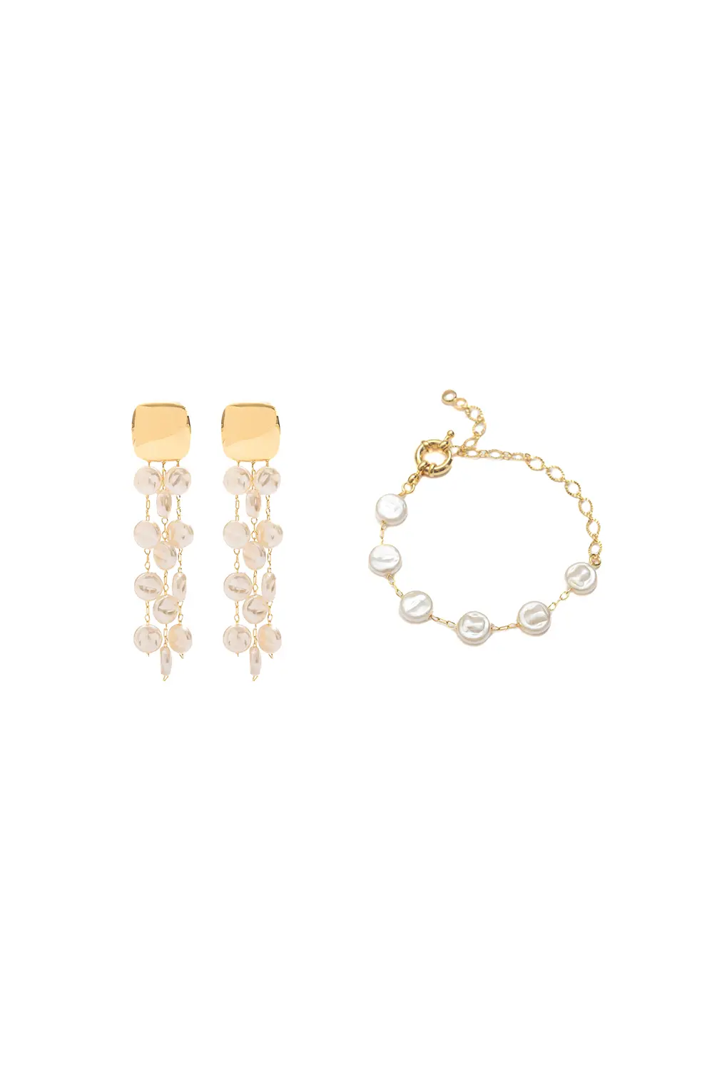 Kit Brinco e Pulseira de Pérolas Shell com Banho em Ouro 18k