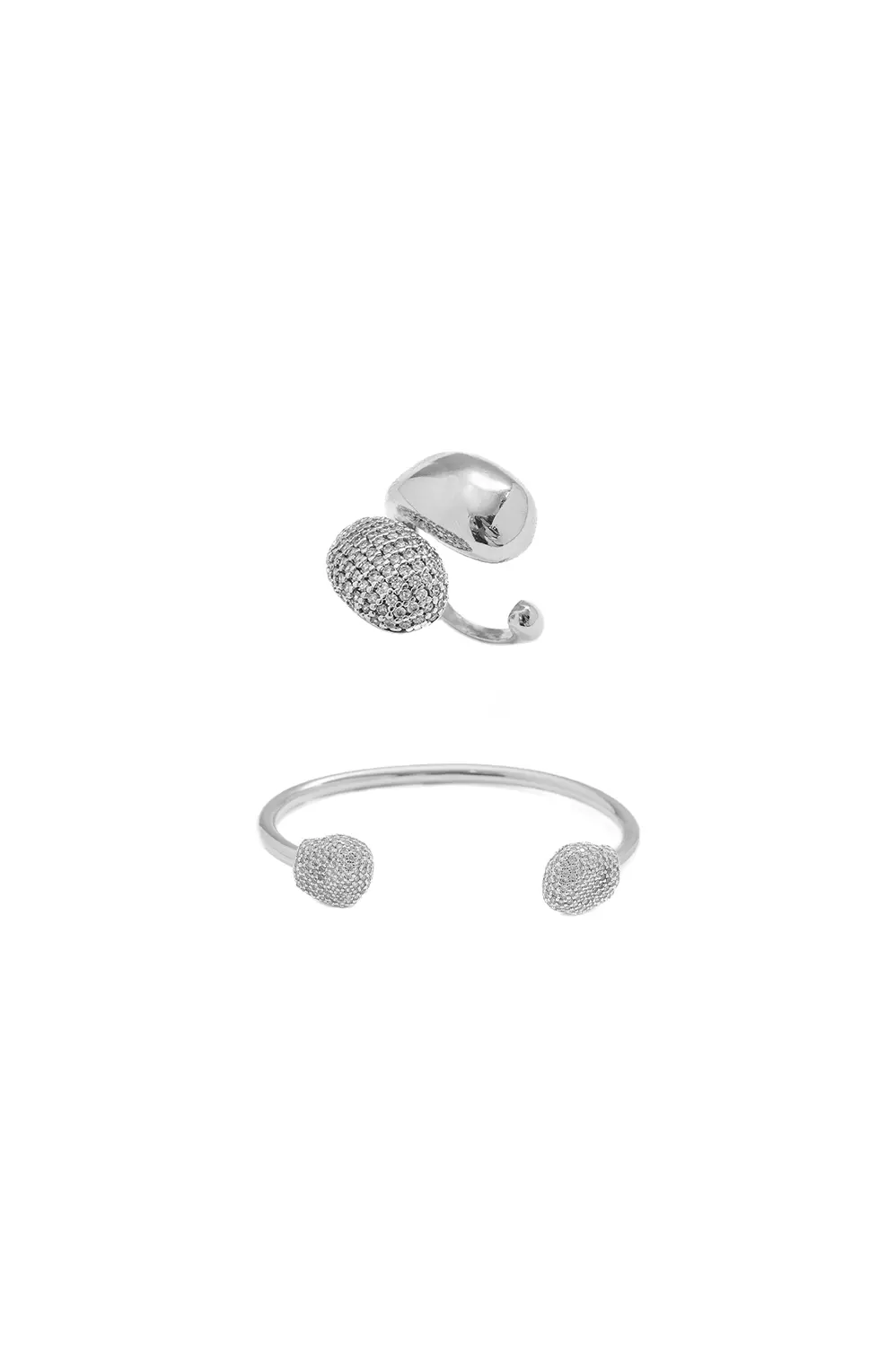 Kit Anel Regulável e Bracelete Detalhe Organic Cravejado com Banho em Ródio Branco