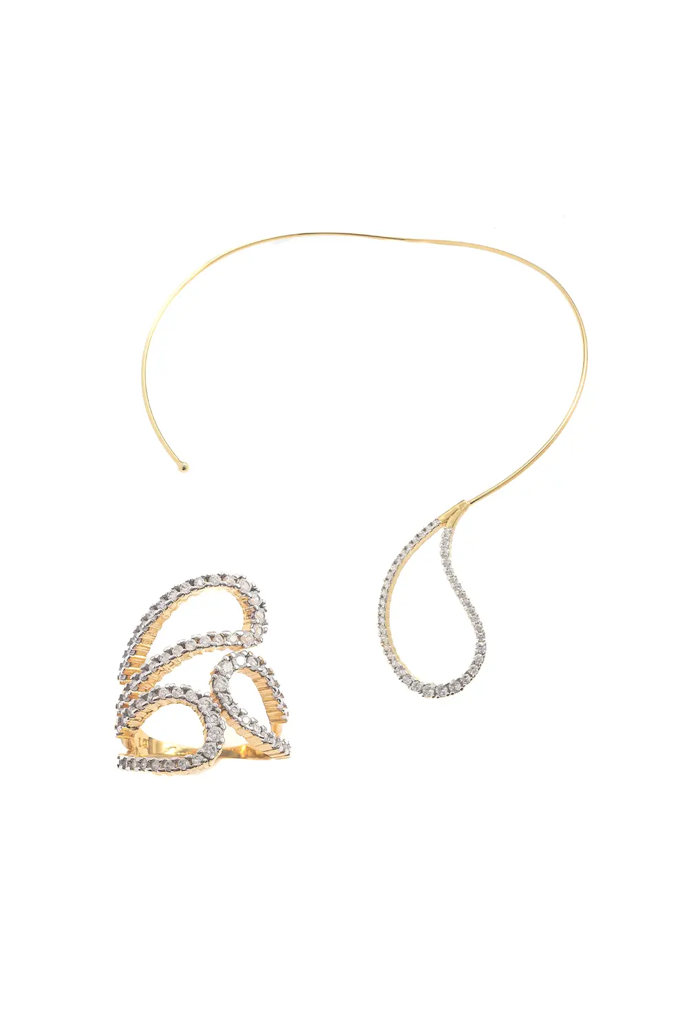Kit  Gargantilha e Anel Três Voltas Cravejada Sintonia com Banho em Ouro 18k | Canetiado em Ródio Branco