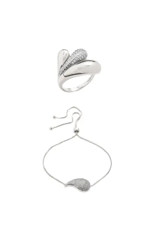Kit Anel Aqua e Pulseira Gota Cravejada com Banho em Ródio Branco