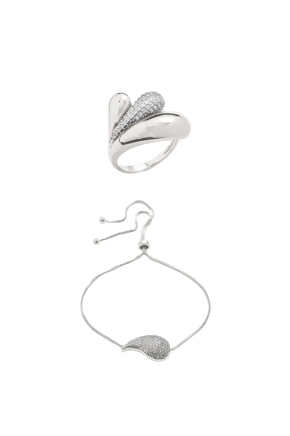 Kit Anel Aqua e Pulseira Gota Cravejada com Banho em Ródio Branco