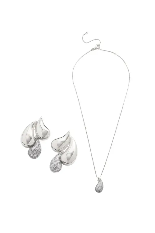 Kit Brinco Três Gotas e Colar Gota Cravejada com Banho em Ródio Branco