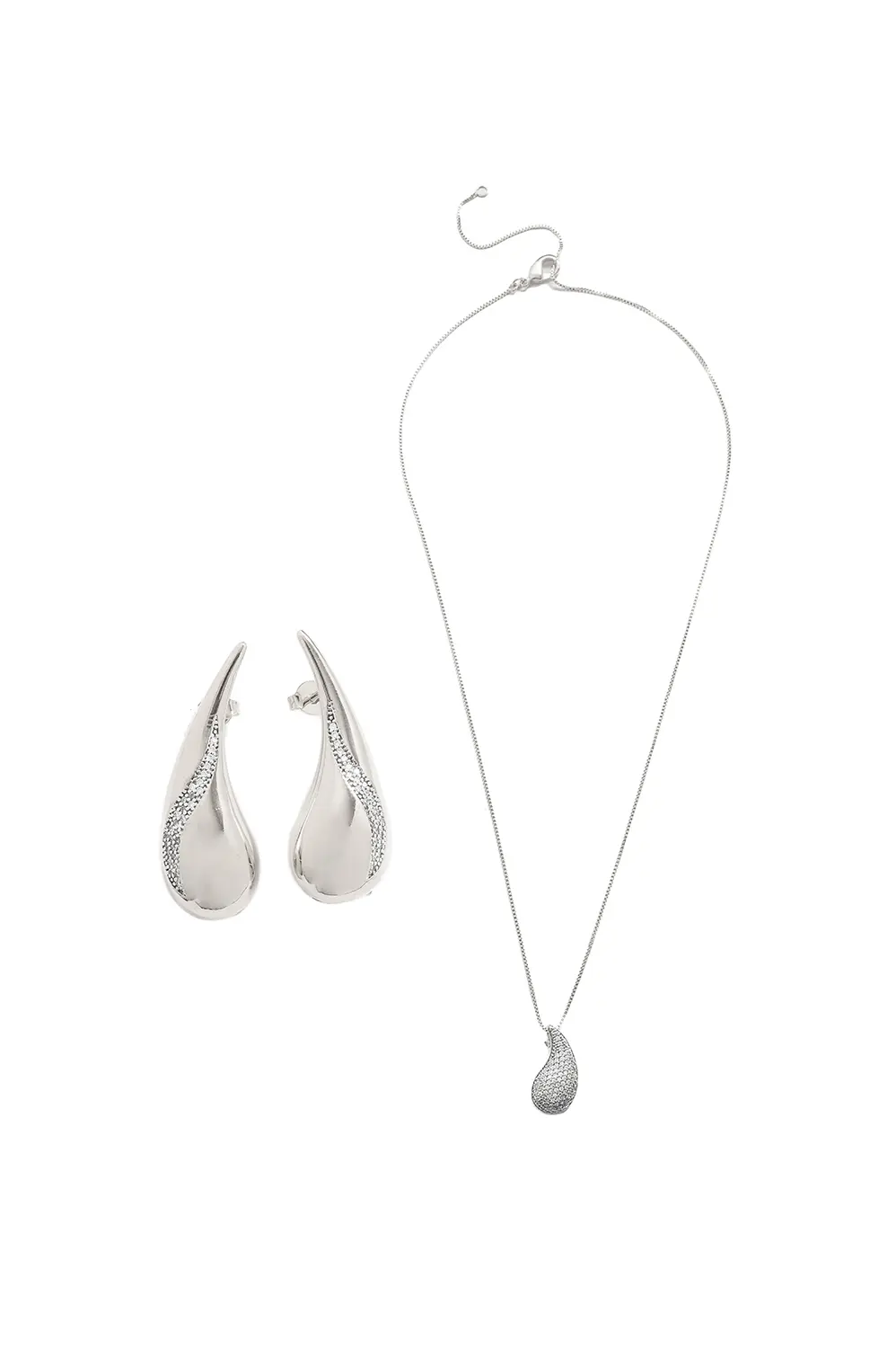 Kit Brinco Gota Aqua e Colar Gota Cravejada com Banho em Ródio Branco