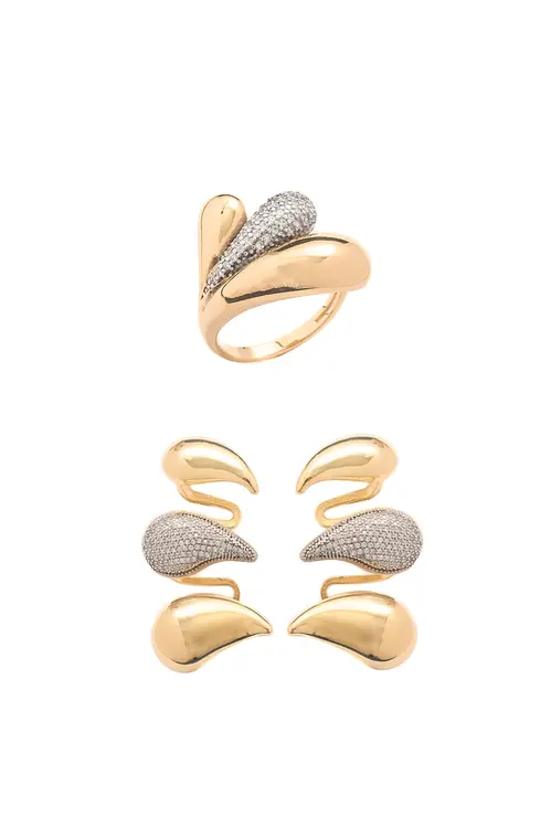 Kit Brinco Ear Cuff e Anel Regulável Aqua com Banho em Ouro 18k