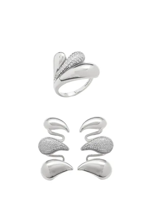 Kit Brinco Ear Cuff e Anel Regulável Aqua com Banho em Ródio Branco