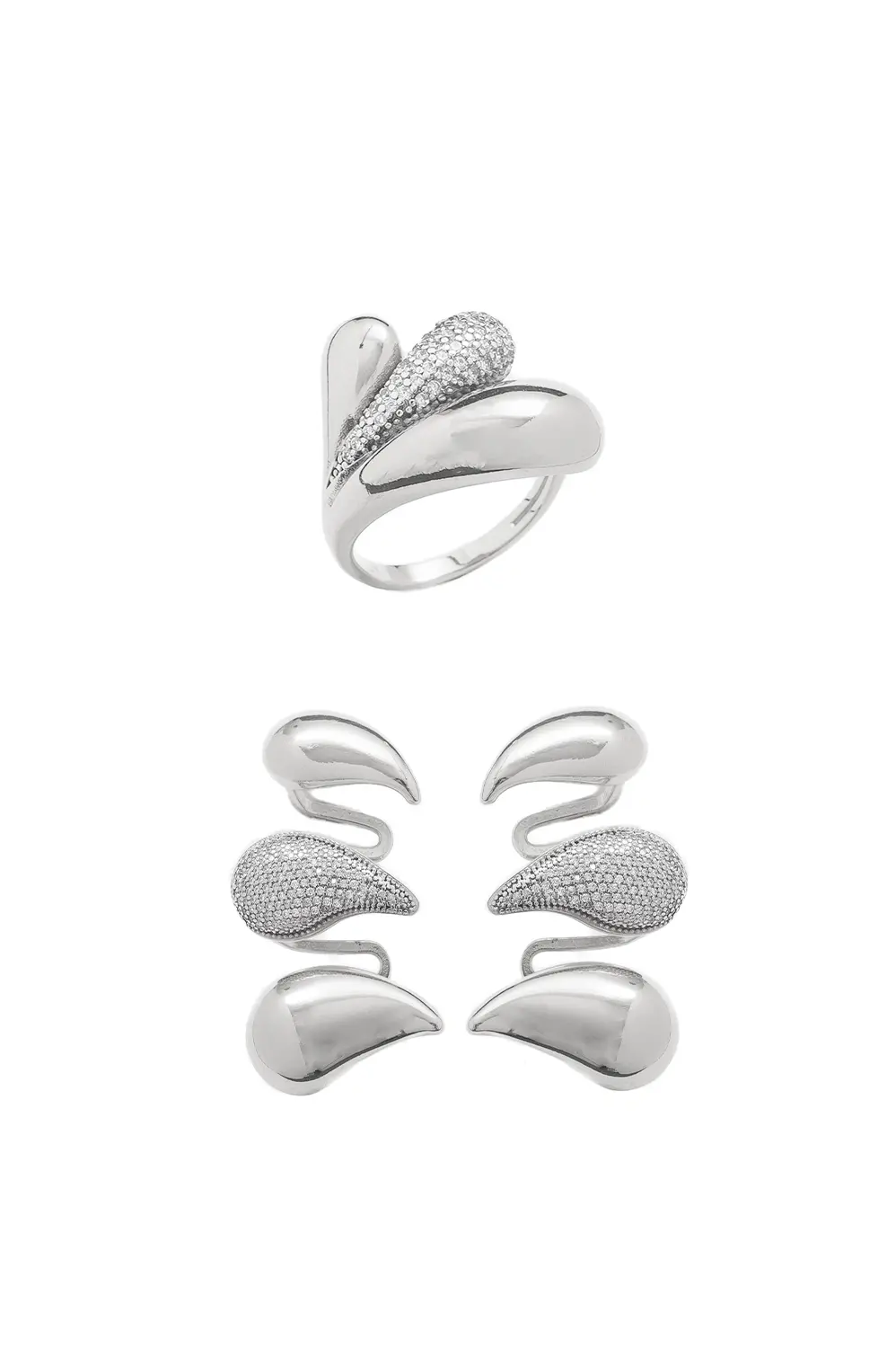 Kit Brinco Ear Cuff e Anel Regulável Aqua com Banho em Ródio Branco
