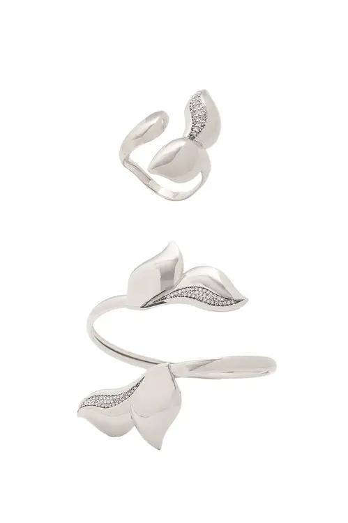 Kit Bracelete e Anel Maior Florescer com Banho em Ródio Branco