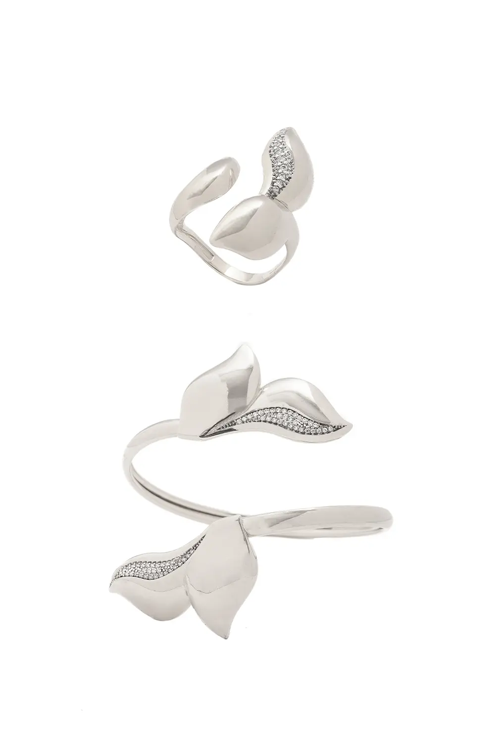 Kit Bracelete e Anel Maior Florescer com Banho em Ródio Branco