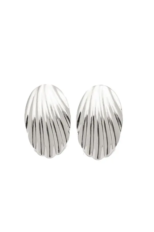 Brinco Oval Texturizado com Banho em Ródio Branco