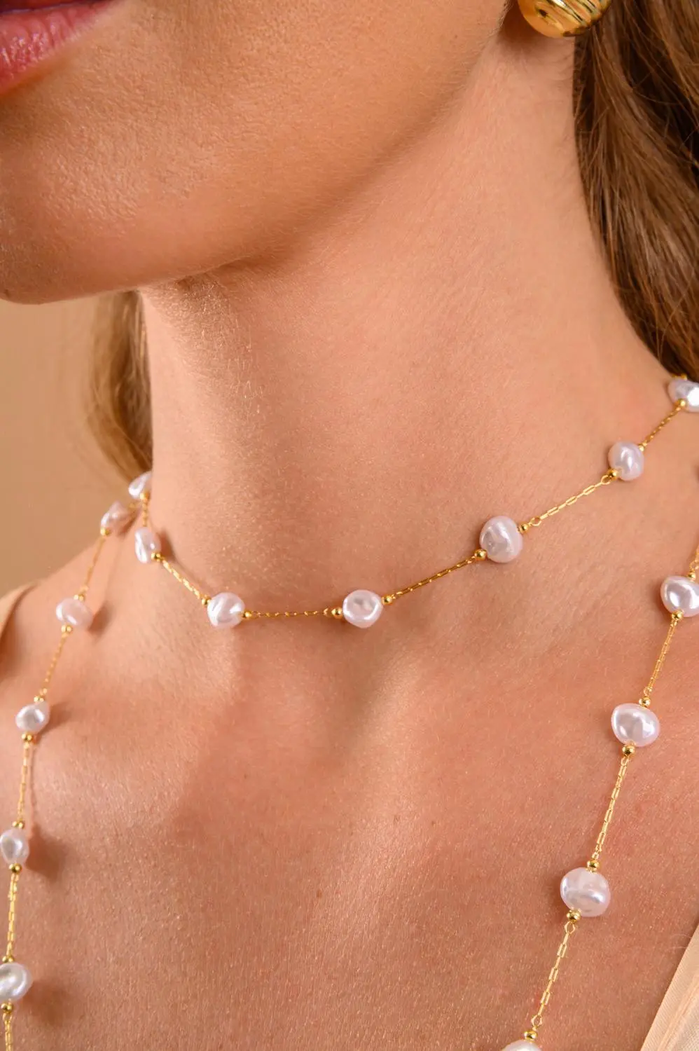 Choker Pérola Orgânica com Banho em Ouro 18k