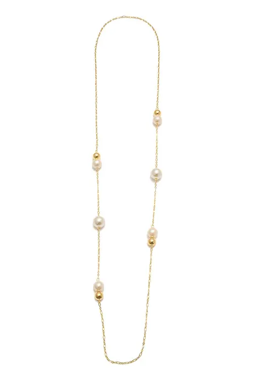 Colar Longo Bola e Pérola com Banho em Ouro 18k
