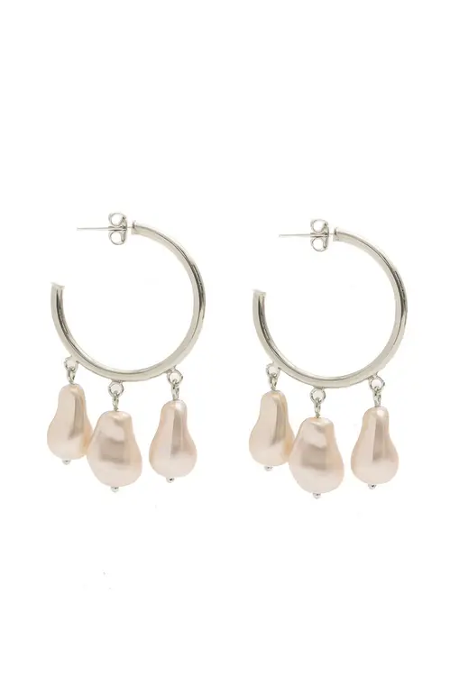 Argola Três Pérolas com Banho em Ródio Branco