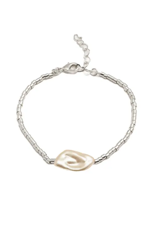 Pulseira Canutilho Uma Pérola com Banho em Ródio Branco
