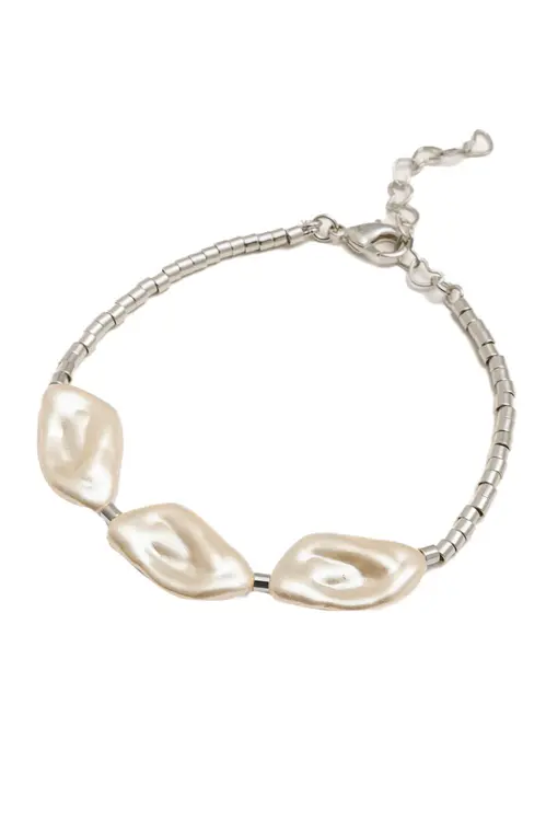 Pulseira Canutilho Três Pérolas com Banho em Ródio Branco