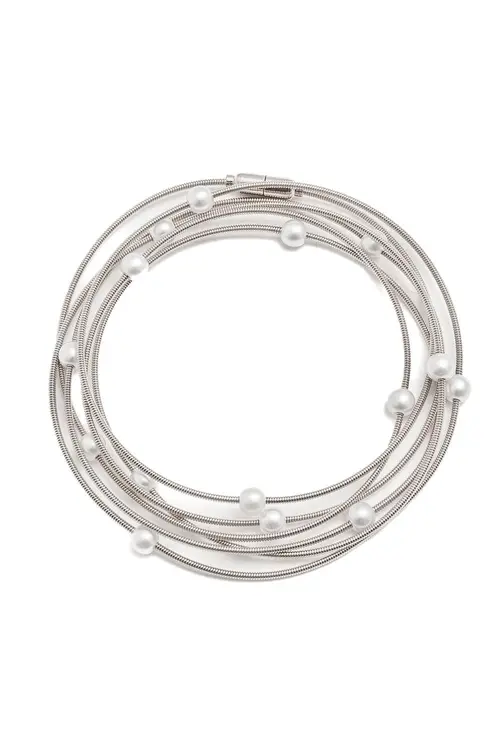 Pulseira Corda de Violão de Pérola com Banho em Ródio Branco