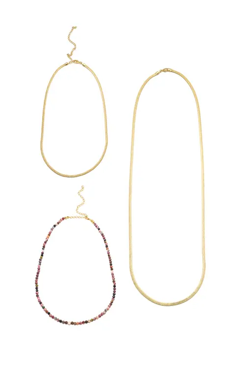 Kit Colar Cristais Rosado e Fitas Desenhadas com Banho em Ouro 18k