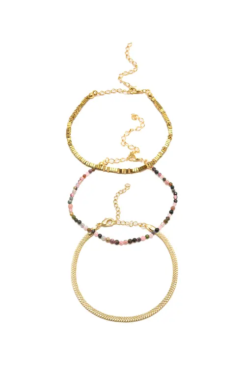Kit de Pulseiras Rosadas e Hematitas com Banho em Ouro 18k
