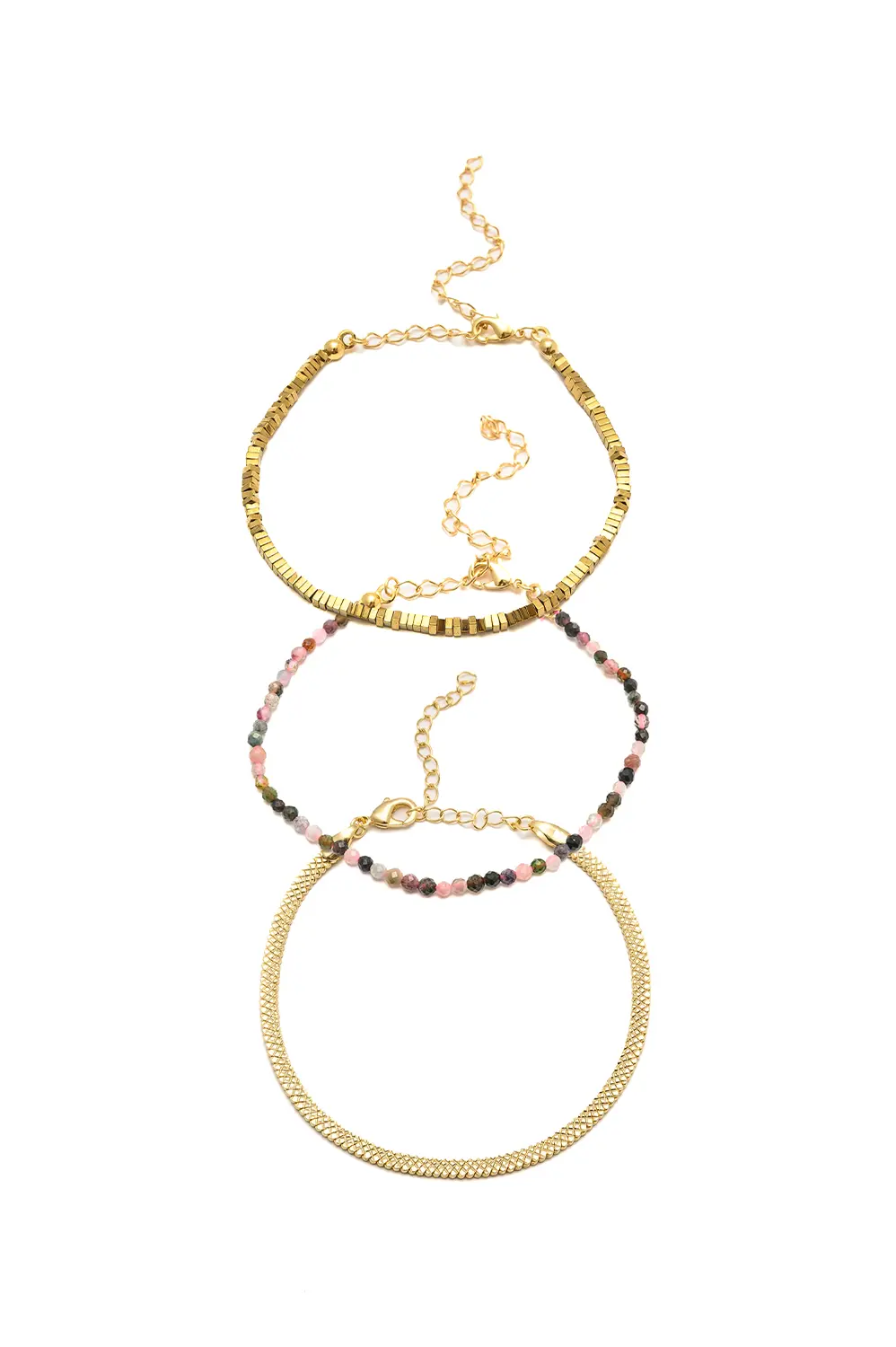 Kit de Pulseiras Rosadas e Hematitas com Banho em Ouro 18k