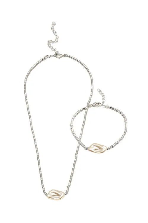 Kit Colar e Pulseira Canutilho Uma Pérola com Banho em Ródio Branco