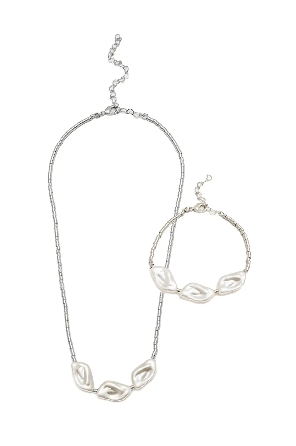 Kit Colar e Pulseira Canutilho Três Pérolas com Banho em Ródio Branco