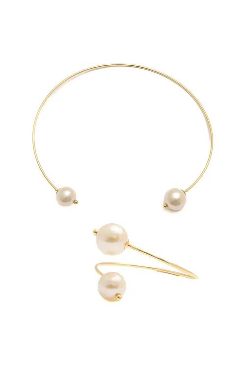 Kit Bracelete e Aro Duas Pérolas com Banho em Ouro 18k