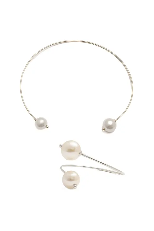 Kit Bracelete e Aro Duas Pérolas com Banho em Ródio Branco