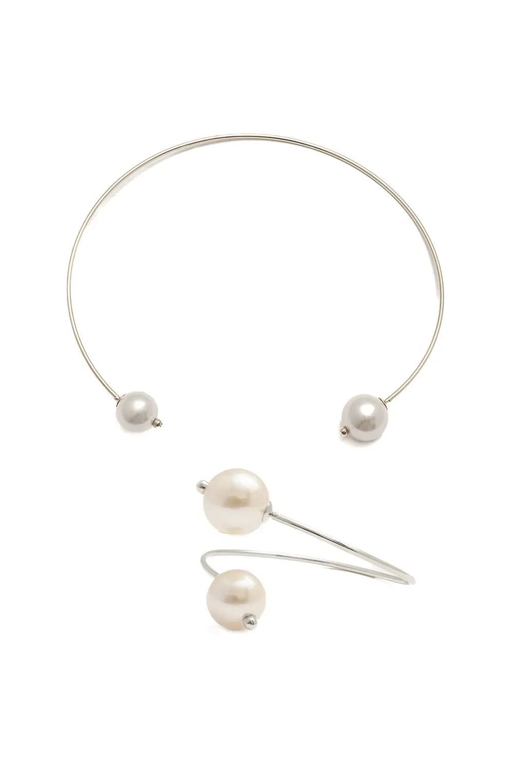Kit Bracelete e Aro Duas Pérolas com Banho em Ródio Branco