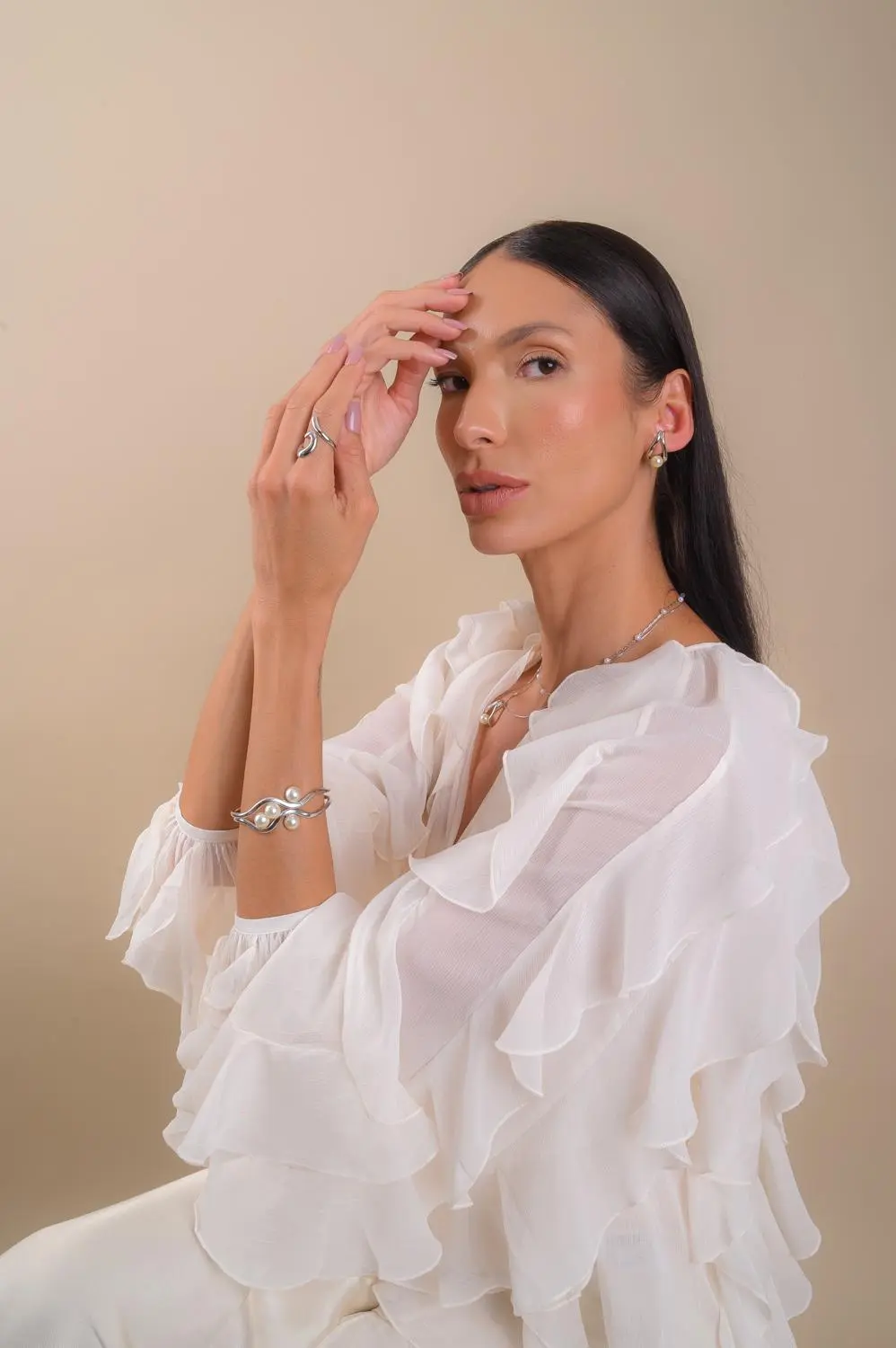 Bracelete Organic Pérola com Banho em Ródio Branco