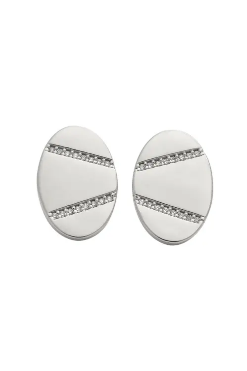 Brinco Oval de Zircônias com Banho em Ródio Branco