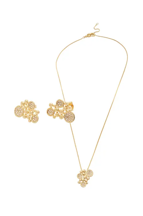 Kit Brinco e Colar Esferas e Zircônias com Banho em Ouro 18k
