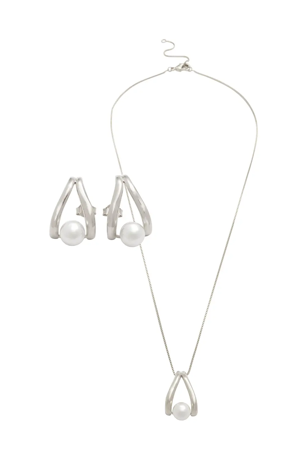Kit Colar e Brinco Triângulo de Pérola com Banho em Ródio Branco
