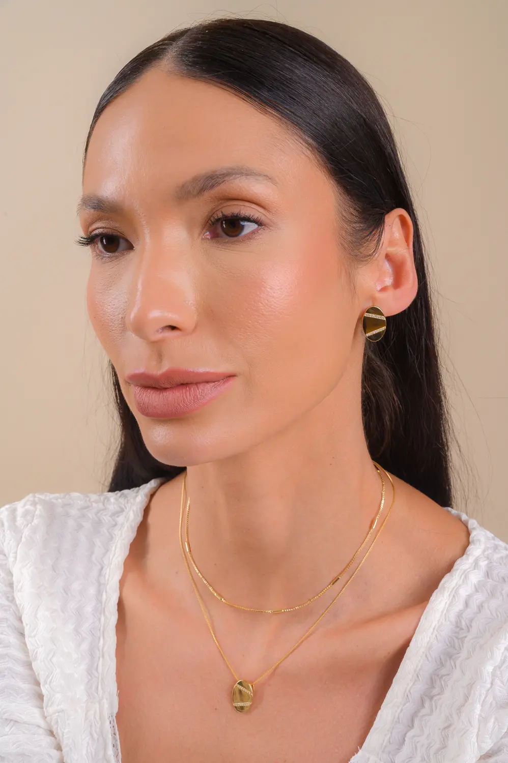 Kit Colar e Brinco Oval de Zircônias com Banho em Ouro 18k