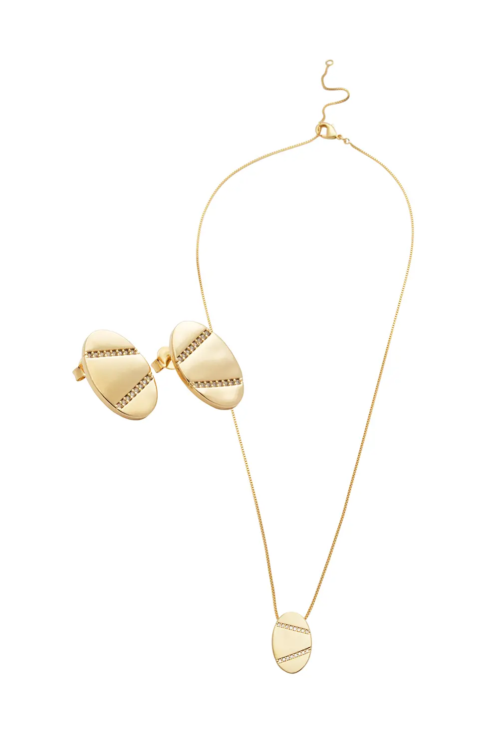 Kit Colar e Brinco Oval de Zircônias com Banho em Ouro 18k