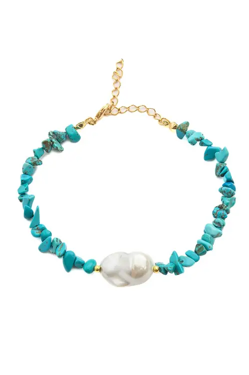 Pulseira Turquesa e Pérola Shell com Banho em Ouro 18k