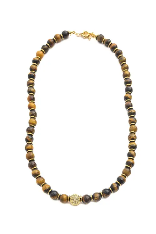 Colar Esferas Olho de Tigre com Detalhes em Banho em Ouro 18k