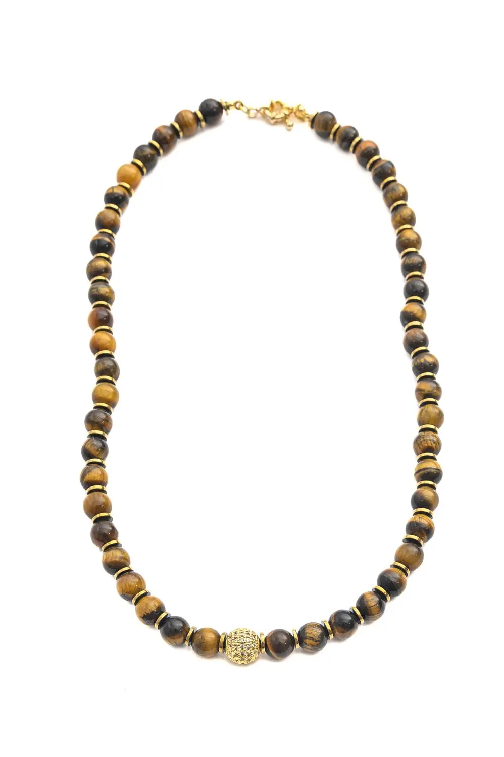 Colar Esferas Olho de Tigre com Detalhes em Banho em Ouro 18k