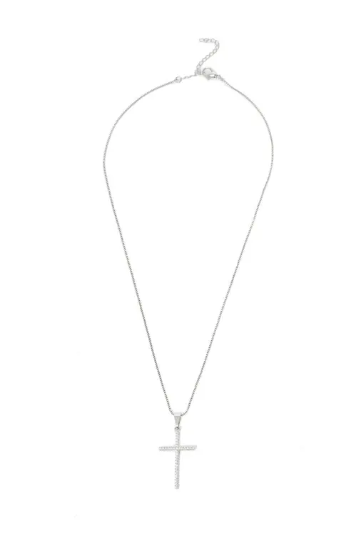 Colar Cruz Cravejada com Banho em Ródio Branco