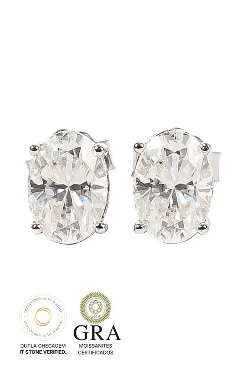 Brinco Oval Moissanite 5/7mm em Prata 925 com Banho em Ródio Branco