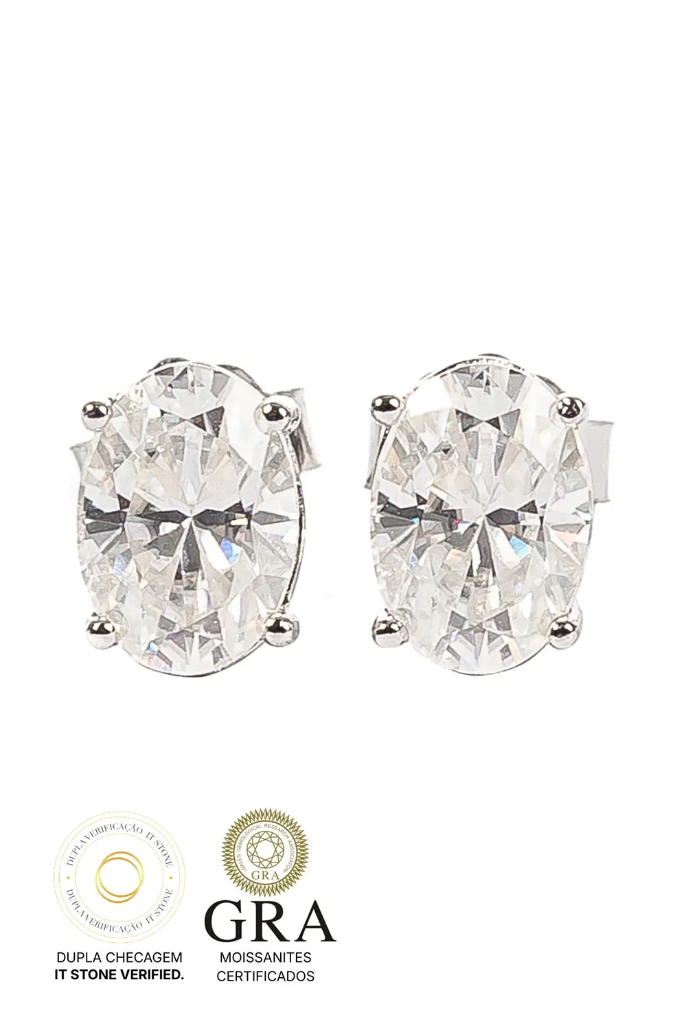 Brinco Oval Moissanite 5/7mm em Prata 925 com Banho em Ródio Branco