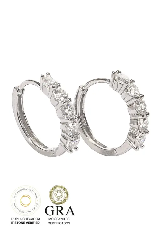 Argola Cinco Pedras Moissanite 3mm em Prata 925 com Banho em Ródio Branco