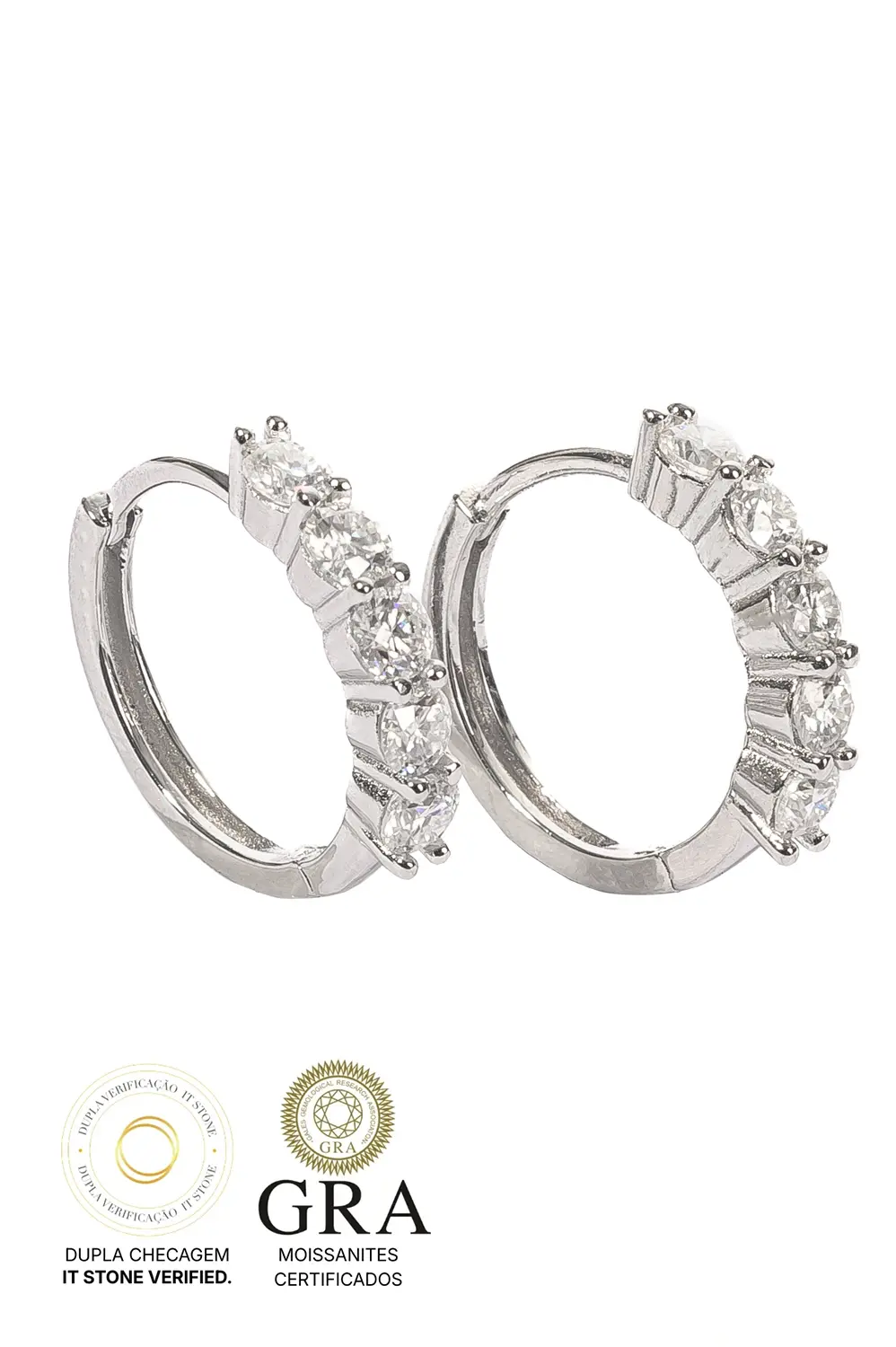 Argola Cinco Pedras Moissanite 3mm em Prata 925 com Banho em Ródio Branco