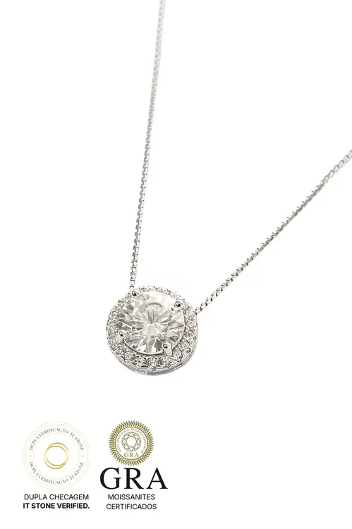 Colar Pizza Moissanite 6mm em Prata 925 com Banho em Ródio Branco