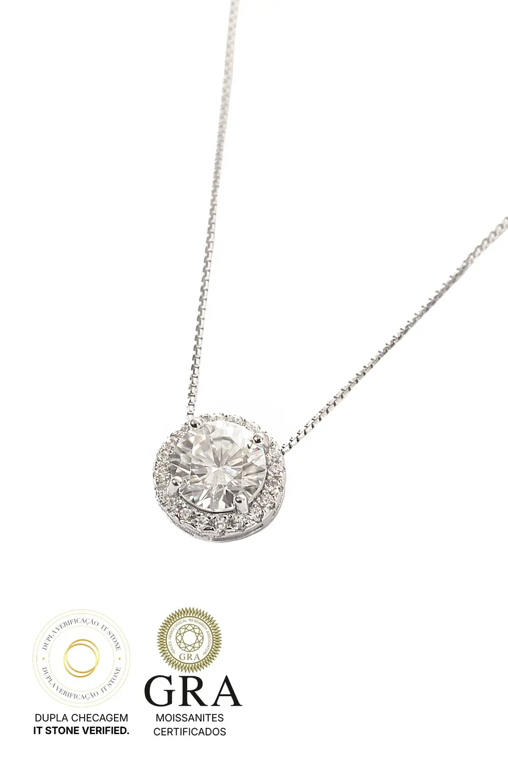 Colar Pizza Moissanite 6mm em Prata 925 com Banho em Ródio Branco