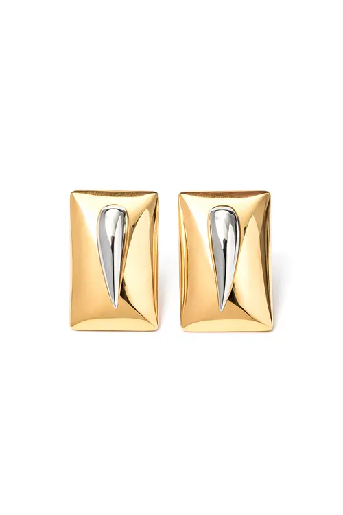 Brinco Retângulo Duo com Banho em Ouro 18k e Ródio Branco